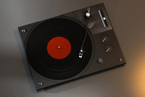 El reproductor de discos de vinilo oscuro sobre la mesa, renderizado en 3D . — Foto de Stock