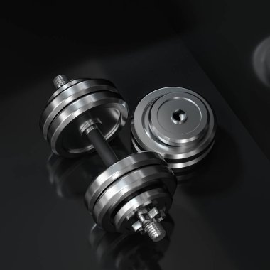 Siyah arkaplanlı dambıllar, fitness teması, 3D rendeirng.