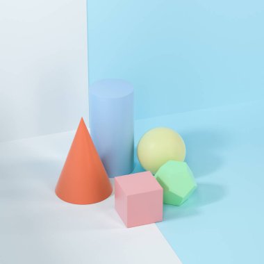 Geometrik nesnelerin hareketsiz yaşam sunumu, 3D görüntüleme.