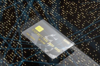 Parlak teknolojik konsept puanları olan bir banka kartı, 3 boyutlu görüntüleme. Bilgisayar dijital çizimi.