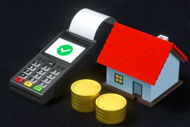 POS ve ev modeli, ev satın alma konsepti, 3D tasarım. Bilgisayar dijital çizimi.