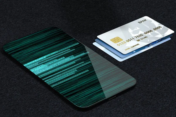 Bank cards and mobile phone with digital numbers, 3d rendering. Computer digital drawing.