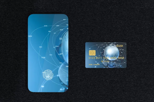 Bankkort Mobiltelefon Med Fingeravtrykk Gjengivelse Datategning – stockfoto
