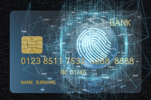 Bankkort Med Fingeravtrykksteknologikonseptet Glødende Linjer Gjengivelse Datategning – stockfoto