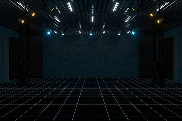 光るライト 3Dレンダリングと空のショールーム コンピュータ デジタル ドローイング — ストック写真