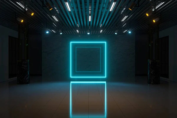 暗いショールームでネオンライトを光る 3Dレンダリング コンピュータ デジタル ドローイング — ストック写真