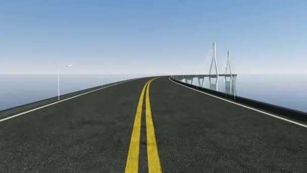 Быстрая езда вперед по длинному кривому мосту, 3D рендеринг . — стоковое видео