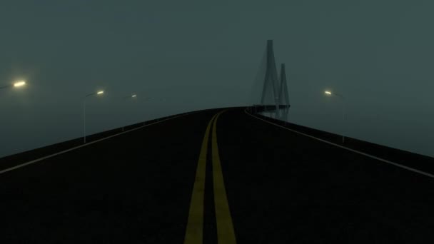 Snel vooruit rijden op de lange bocht brug 's nachts, 3d rendering. — Stockvideo