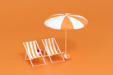 Güneşlik, plaj sandalyesi, turuncu arka plan, üç boyutlu görüntü. Bilgisayar dijital çizimi.