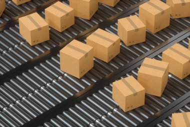 Taşıma bandındaki konteyner kutusunun taşınması, 3D görüntüleme. Bilgisayar dijital çizimi.