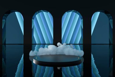 Yaratıcı geometrik dekorasyonlu yuvarlak podyum, 3 boyutlu. Bilgisayar dijital çizimi.