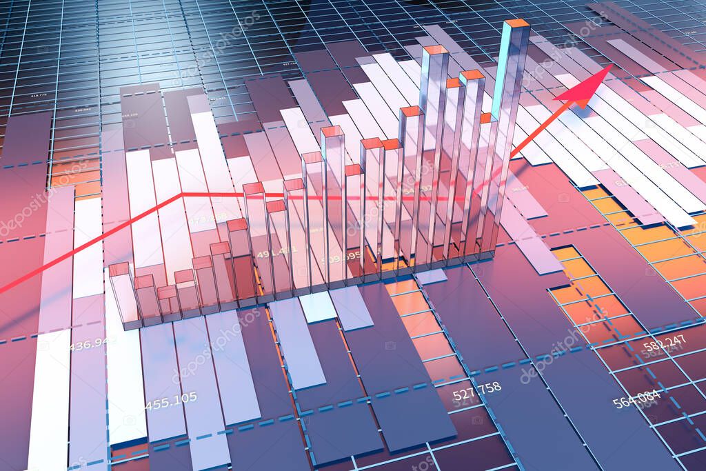 Growing arrow of economical data, financial statistic, 3d rendering. Computer digital drawing.