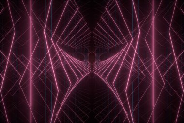 Karanlık tünelde parlayan çizgiler, 3D görüntüleme. Bilgisayar dijital çizimi.