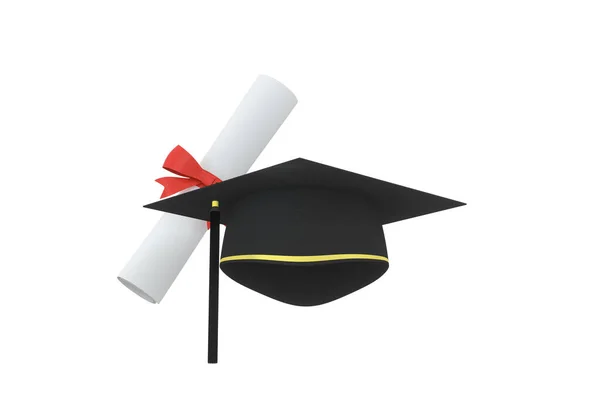 Sombrero Graduado Con Diploma Lado Sobre Fondo Blanco Representación Dibujo —  Fotos de Stock
