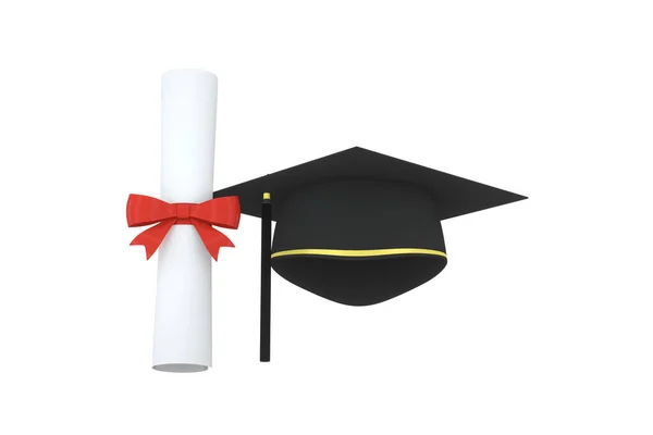 Sombrero Graduado Con Diploma Lado Sobre Fondo Blanco Representación Dibujo — Foto de Stock