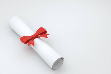 Diploma, beyaz arka planda kırmızı kurdeleli kağıt parşömen, üç boyutlu görüntüleme. Bilgisayar dijital çizimi.