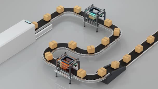 Transmissão de loop de caixa de embalagem na correia transportadora, renderização 3d . — Vídeo de Stock