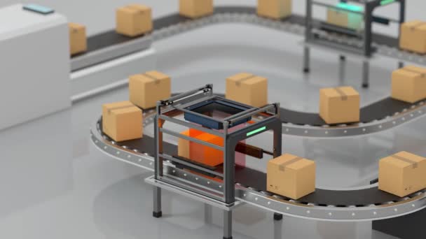 Smyčkové předávání obalové krabice na dopravníkovém pásu, 3d vykreslování. — Stock video
