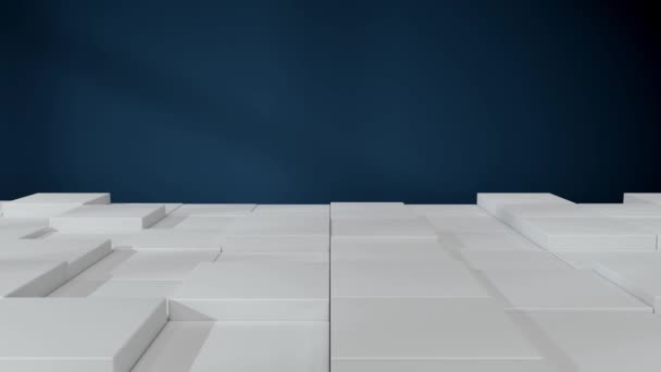 Ola blanca flotante piso cúbico con fondo de pared azul, 3d renderizado . — Vídeos de Stock