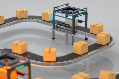 Taşıyıcı banttaki paket kutusunun iletimi, 3D görüntüleme. Bilgisayar dijital çizimi.
