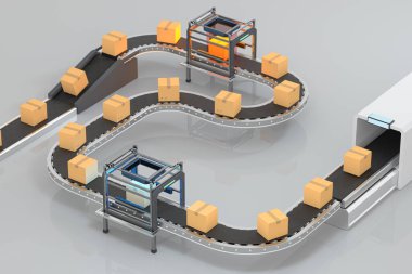 Taşıyıcı banttaki paket kutusunun iletimi, 3D görüntüleme. Bilgisayar dijital çizimi.