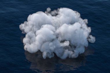 Beyaz bulut denizde süzülüyor, 3 boyutlu. Bilgisayar dijital çizimi.