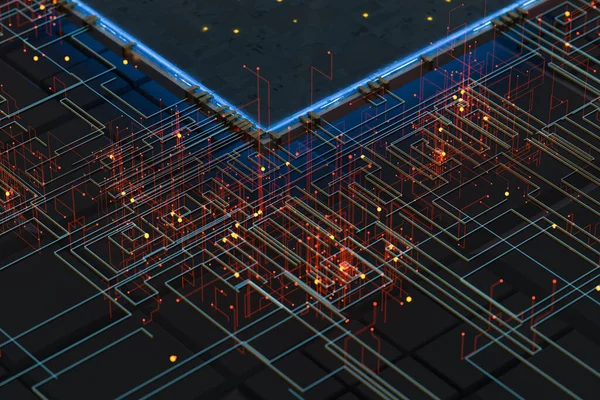 Circuito Con Linee Luminose Con Sfondo Scuro Rendering Disegno Digitale — Foto Stock