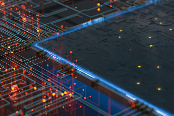 Циркуляр с перламутровыми линиями на темном фоне, 3D рендеринг. Цифровой рисунок.