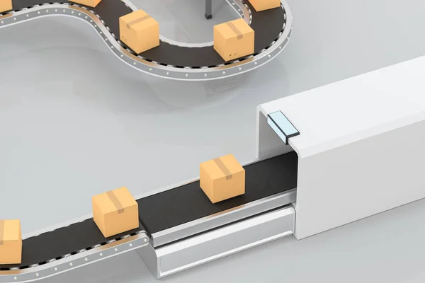 Transmitting of packaging box on the conveyor belt, 3d rendering. Computer digital drawing.