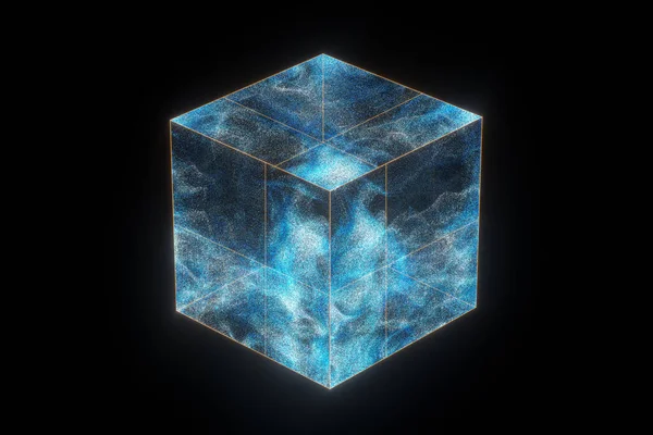 内側に光る粒子を持つガラスキューブ 3Dレンダリング コンピュータ デジタル ドローイング — ストック写真