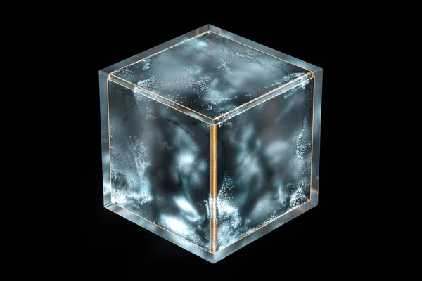 Cubo Vidrio Esmerilado Con Partículas Brillantes Interior Representación Dibujo Digital — Foto de Stock