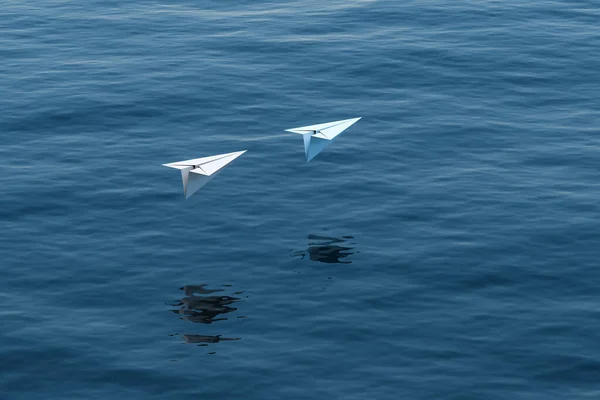 Gölün Üzerinde Boyutlu Iki Kağıt Uçak Uçuyor Bilgisayar Dijital Çizimi — Stok fotoğraf