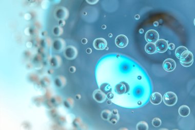 Yüzeyinde kabarcıklar olan mavi atom küreleri, 3 boyutlu görüntüleme. Bilgisayar dijital çizimi.