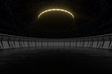 Yansıtıcı zemini olan koyu yuvarlak bir oda, 3 boyutlu. Bilgisayar dijital çizimi.