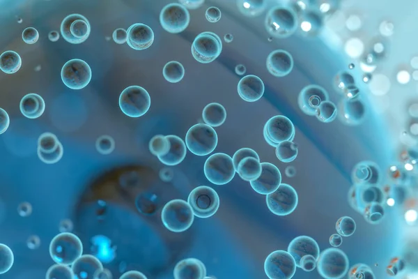 Sfery Niebieskich Atomów Bąbelkami Powierzchni Renderowanie Cyfrowy Rysunek Komputera — Zdjęcie stockowe