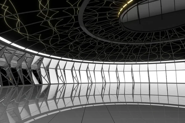 Ciemny Okrągły Pokój Odblaskową Podłogą Renderowanie Cyfrowy Rysunek Komputera — Zdjęcie stockowe