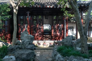 Suzhou Bahçesi 'nde antik mimari. Fotoğraf: Suzhou, Çin.