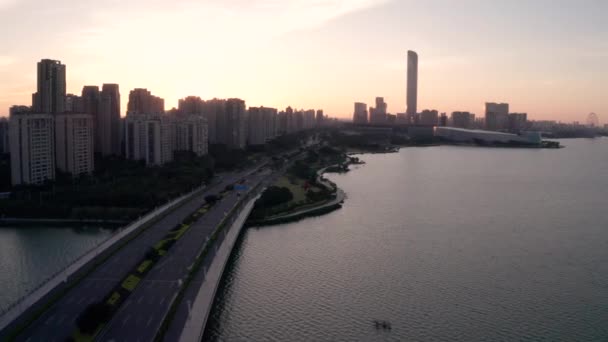 Zonsopgang Met Cbd Gebouwen Luchtfoto Suzhou China — Stockvideo