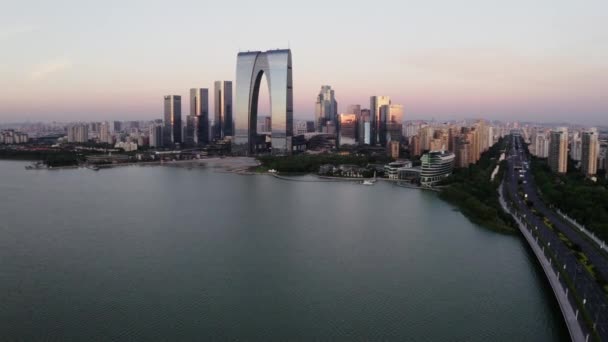 Bâtiments Cbd Bord Lac Aérien Suzhou Chine — Video