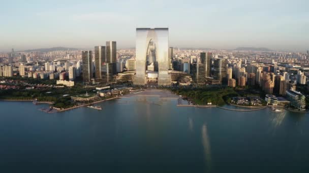 Cbd Bygninger Ved Sjøen Luft Suzhou Kina – stockvideo