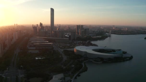 Zonsopgang Met Cbd Gebouwen Luchtfoto Suzhou China — Stockvideo