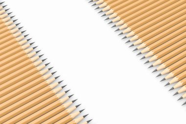 Beyaz arkaplanlı kalemler, üç boyutlu yorumlama. Bilgisayar dijital çizimi.