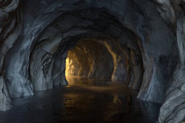 Karanlık kaya tüneli, sonunda ışık olan, 3D görüntüleme. Bilgisayar dijital çizimi.