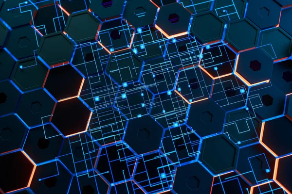 Glowing Hexagonal Cubes Background Tech Cyberspace Rendering Computer Digital Drawing — Stock Photo, Image
