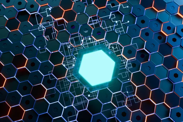 Gloeiende Hexagonale Kubussen Achtergrond High Tech Cyberspace Rendering Digitale Computertekening — Stockfoto