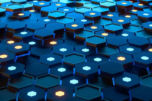 Fondo Cubos Hexagonales Brillantes Ciberespacio Alta Tecnología Renderizado Dibujo Digital — Foto de Stock