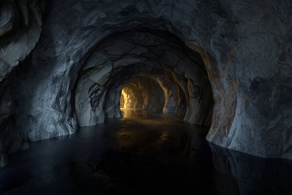 The dark rock tunnel with light illuminated in the end, 3d rendering. Computer digital drawing.