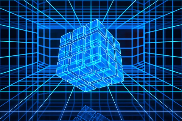 Túnel Ciberespacial Con Cubo Geometría Renderizado Dibujo Digital Informático —  Fotos de Stock