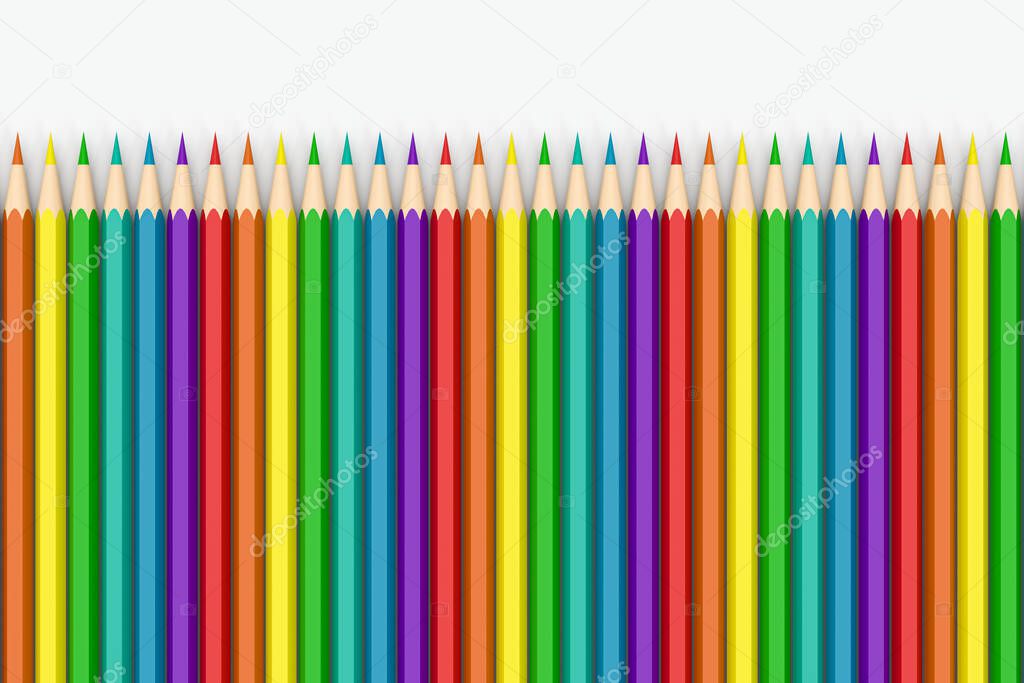 Colorful pencils in a row with white background, 3d rendering. Computer digital drawing.