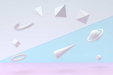 Uçan geometriler, yaratıcı arka plan, üç boyutlu görüntüleme. Bilgisayar dijital çizimi.
